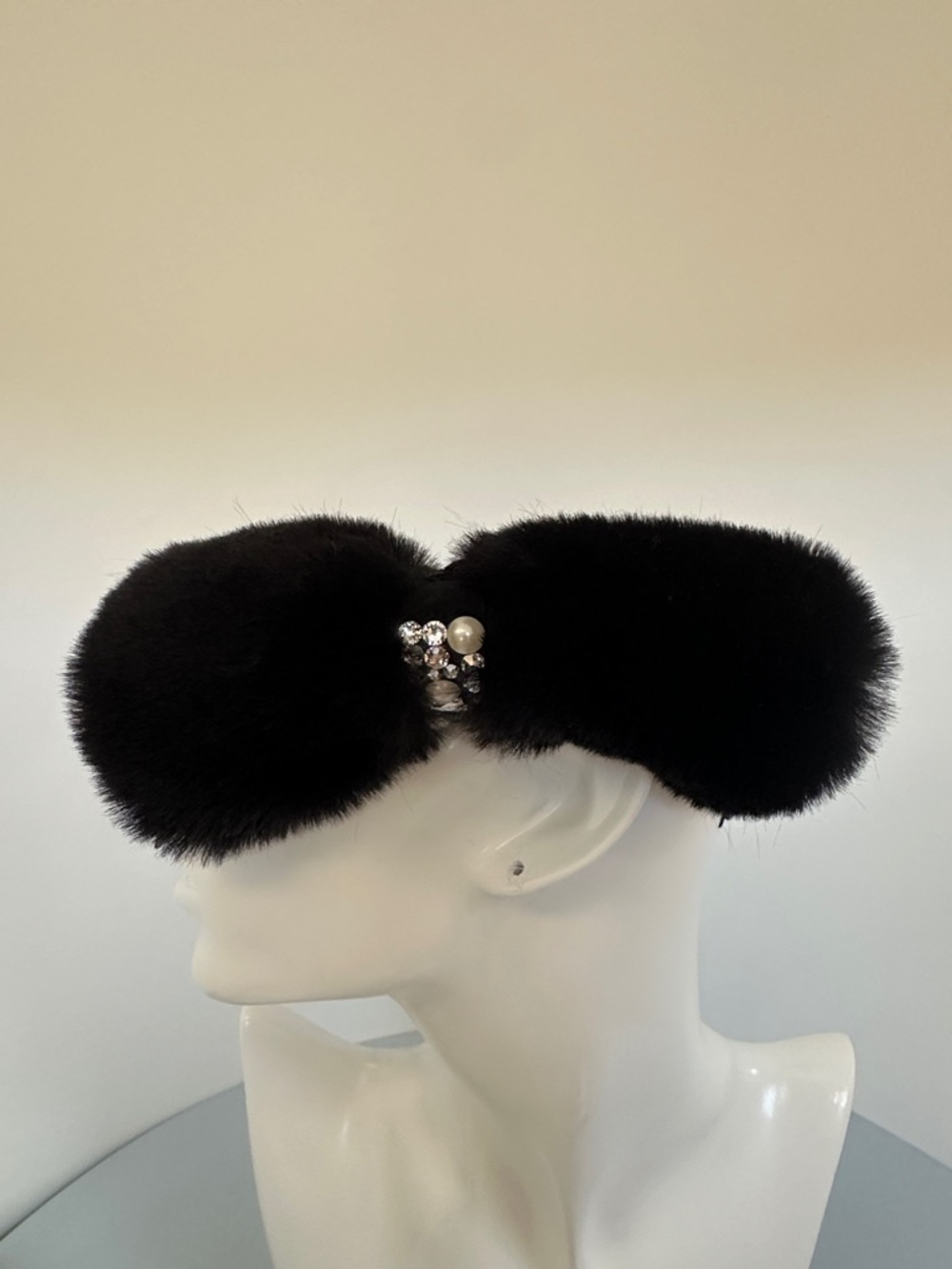 Black Faux Fur Headband with Crystal and Pearl Accent